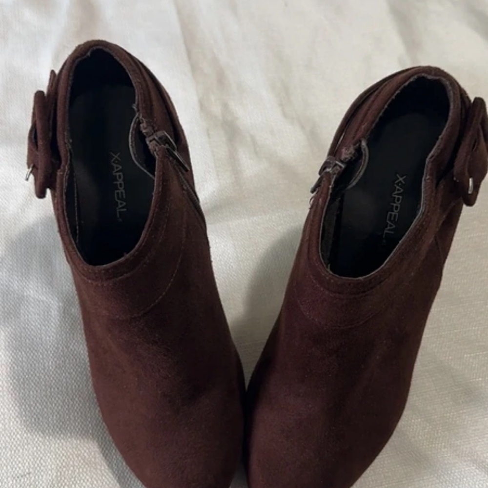 Xappeal Dark Brown Suede Ankle Booties with Side Buckle Detail
